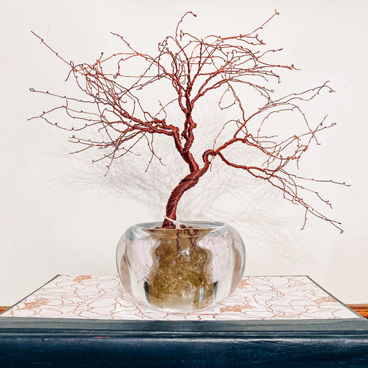 Radiant Roots: 9" Copper Aluminum Wire Tree in Glitter Epoxy Rocks Glass Bowl by Don Corn