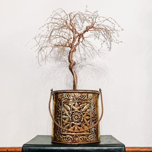 Golden Grove: Handcrafted 15" Wire Tree Sculpture in Brass Pot by Don Corn