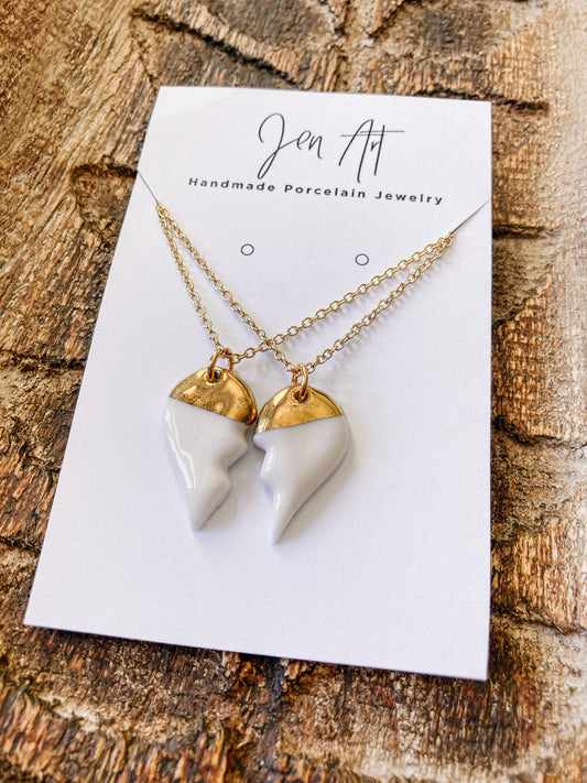 Best Friends Heart Necklace - Porcelain with Gold Luster, Gold Chains by Jen Bretz
