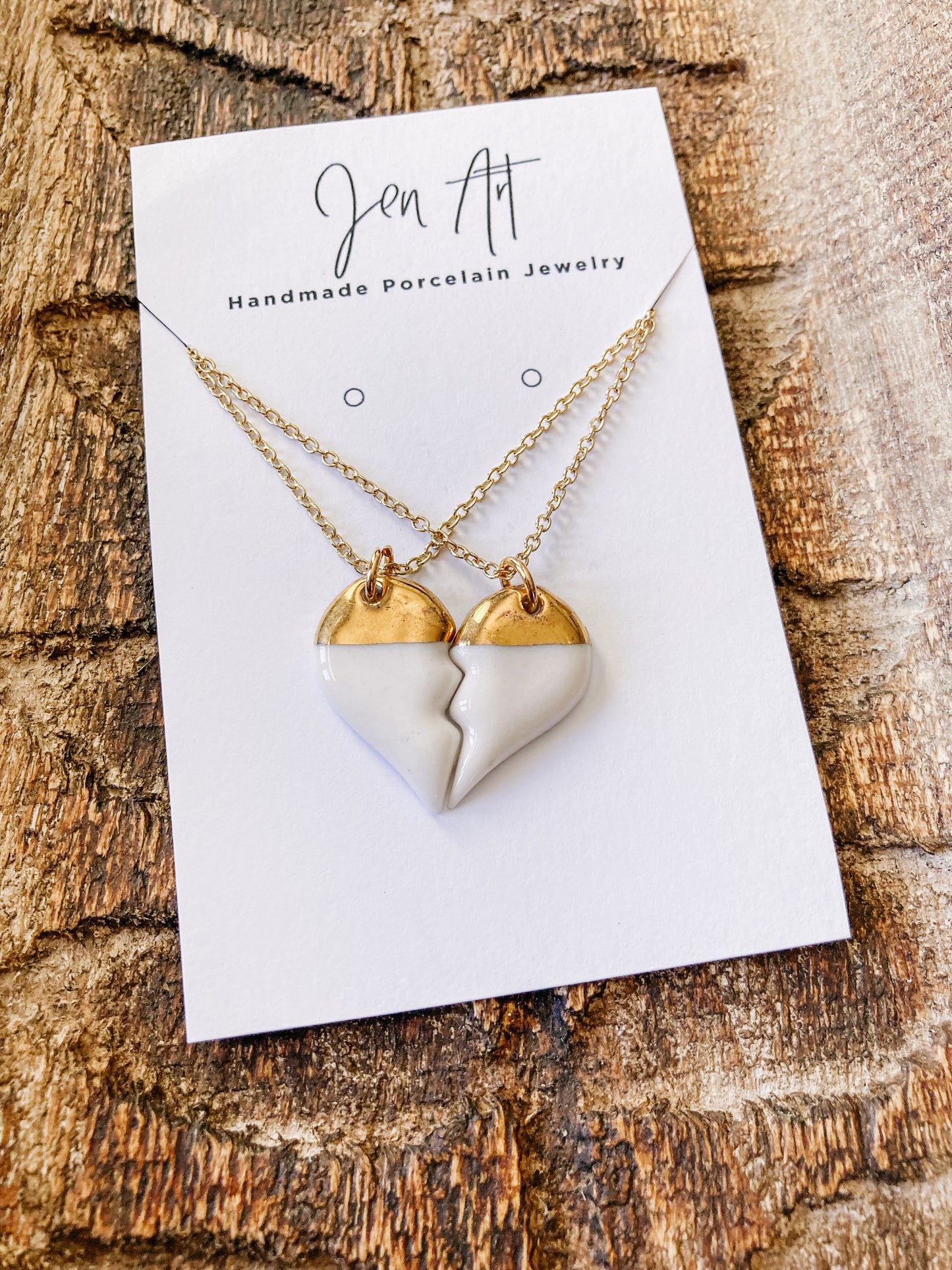 Best Friends Heart Necklace - Porcelain with Gold Luster, Gold Chains by Jen Bretz