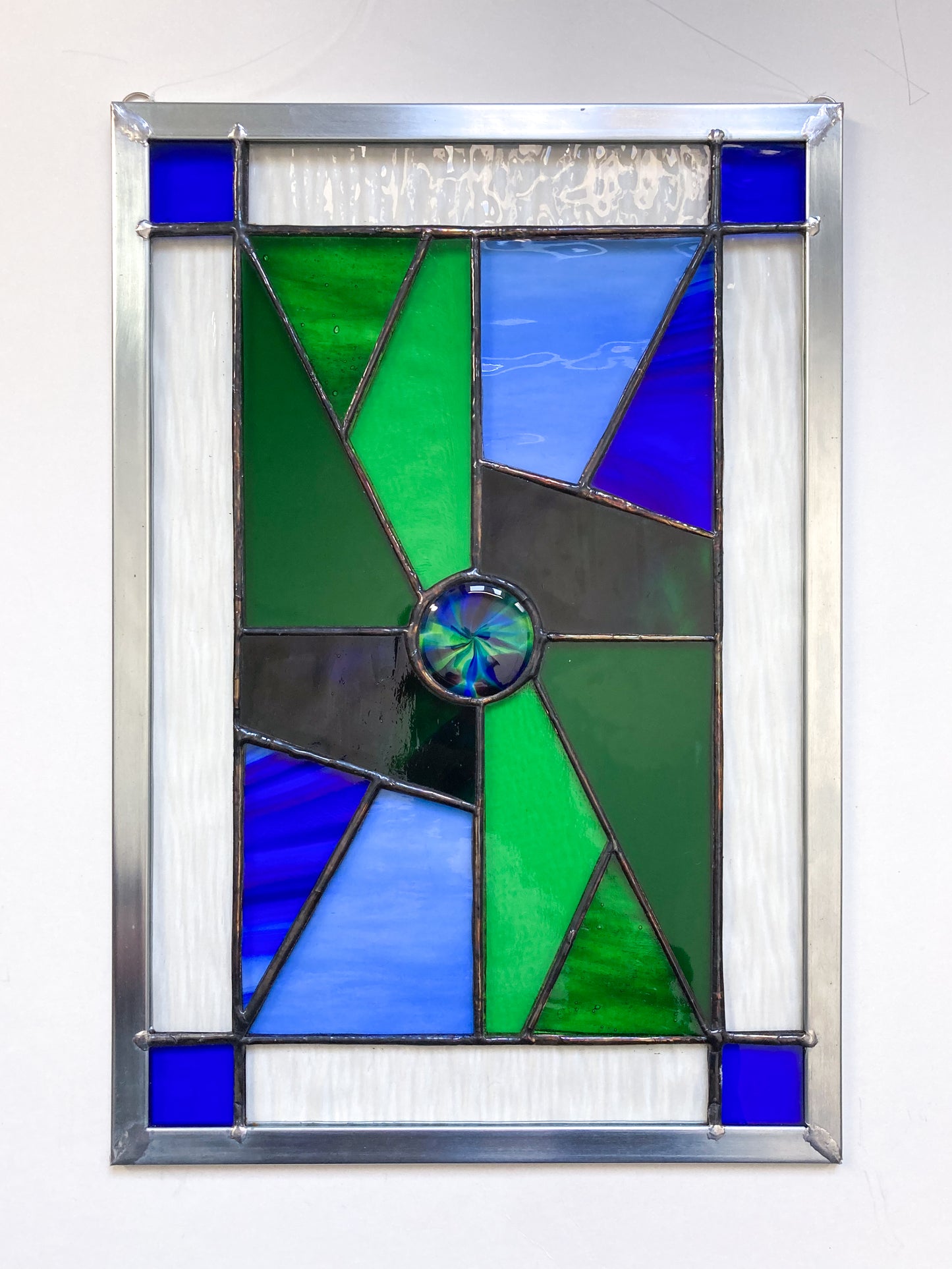 Blue and Green Geometric Stained Glass Art - Framed in Zinc by Lynn Holland