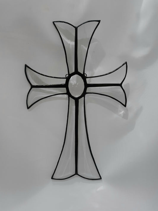 Stained Glass Bevel Cross Black - Beveled Glass with Clear Crystal Center in Black Patina by Lynn Holland