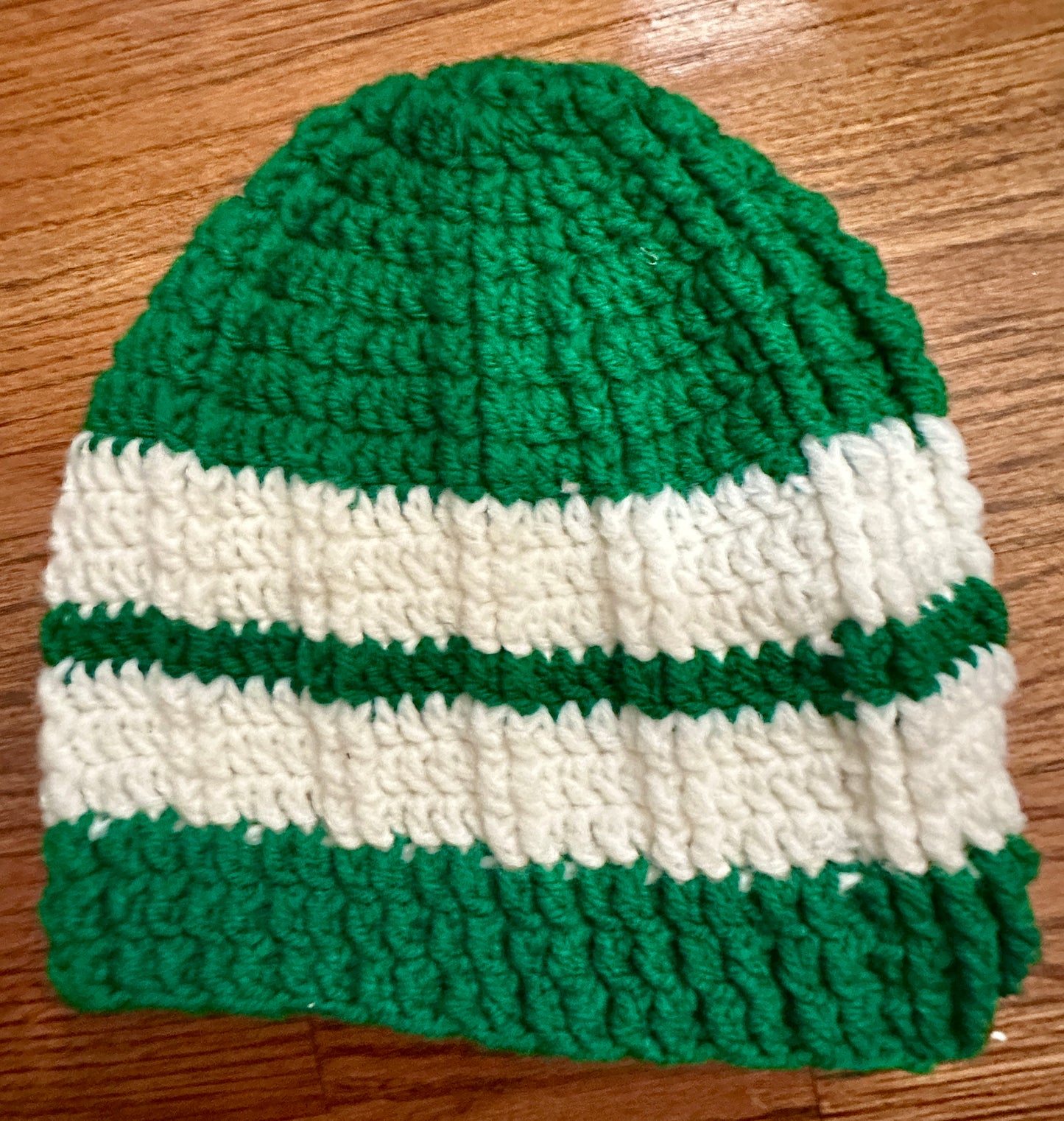 Kelly Green and White Striped Crocheted Adult Hat by Nancy Stratman