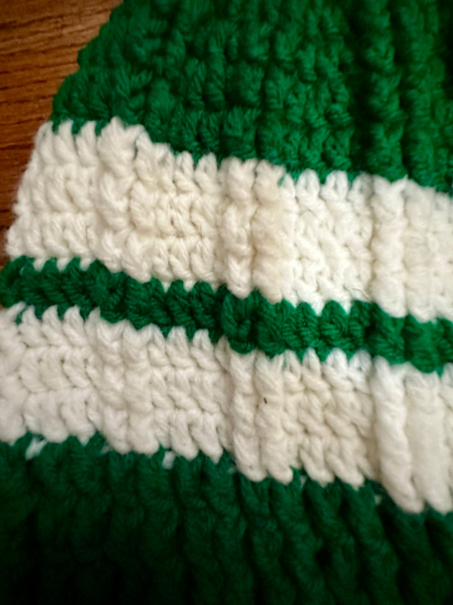 Kelly Green and White Striped Crocheted Adult Hat by Nancy Stratman