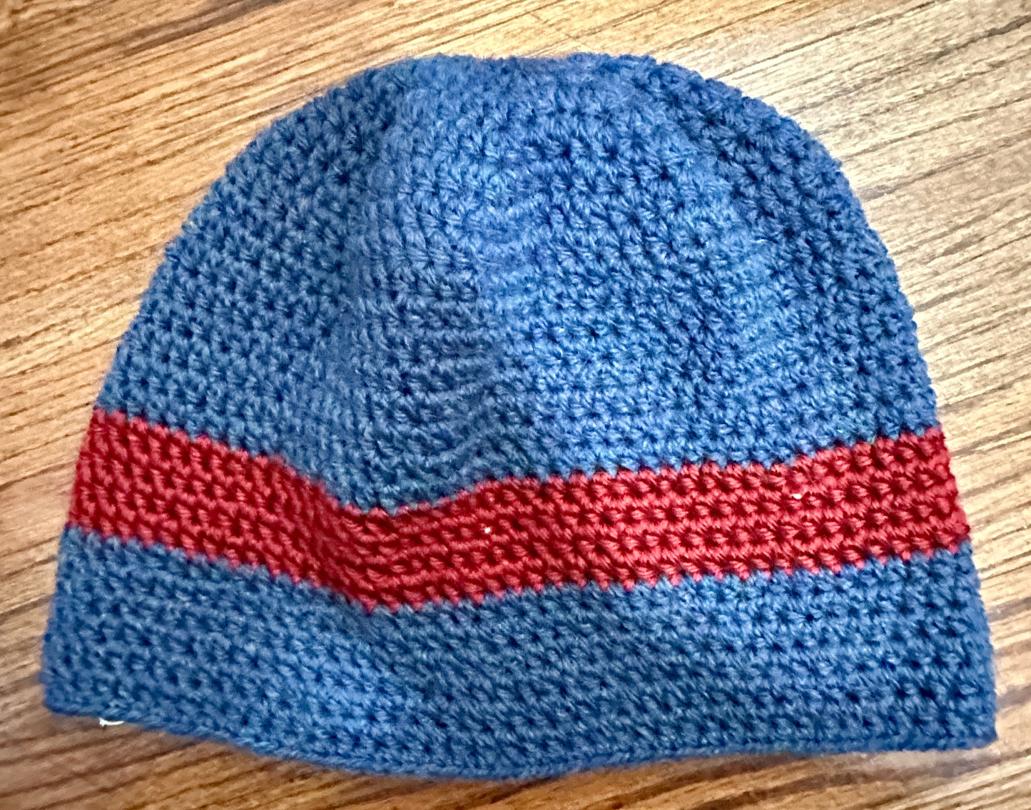 Blue and Red Crocheted Adult Hat by Nancy Stratman
