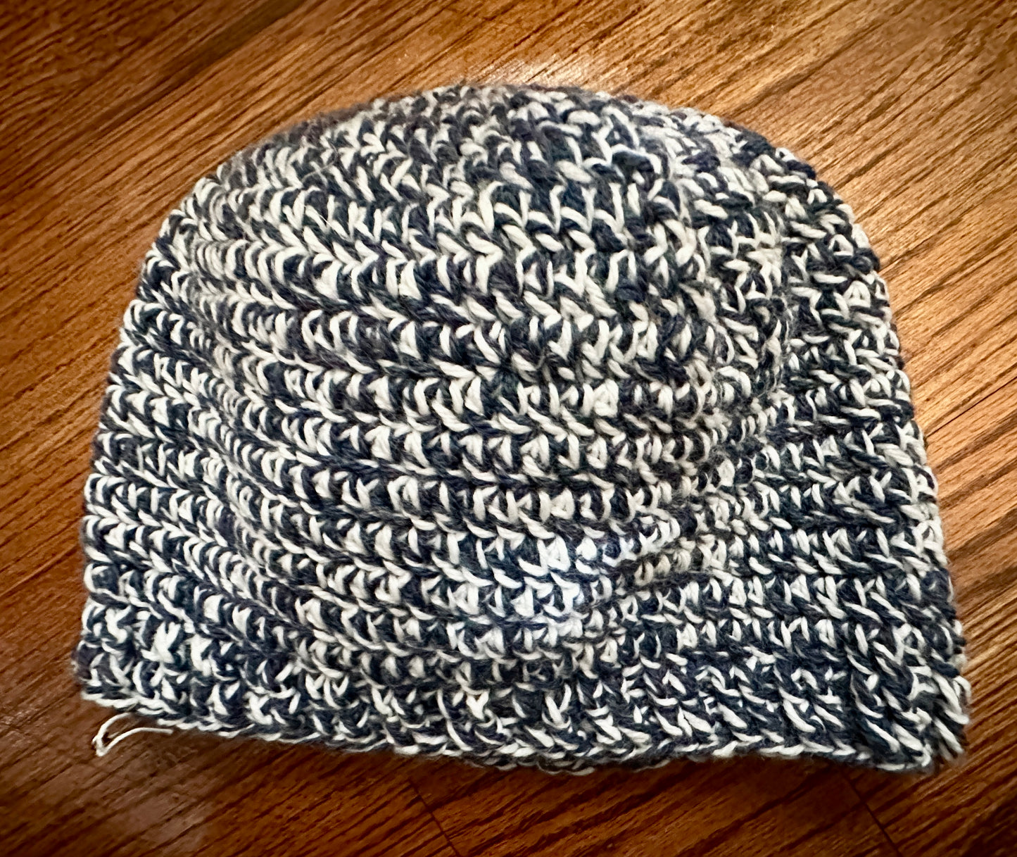 Navy and Aqua Variegated Striped Crocheted Adult Hat by Nancy Stratman