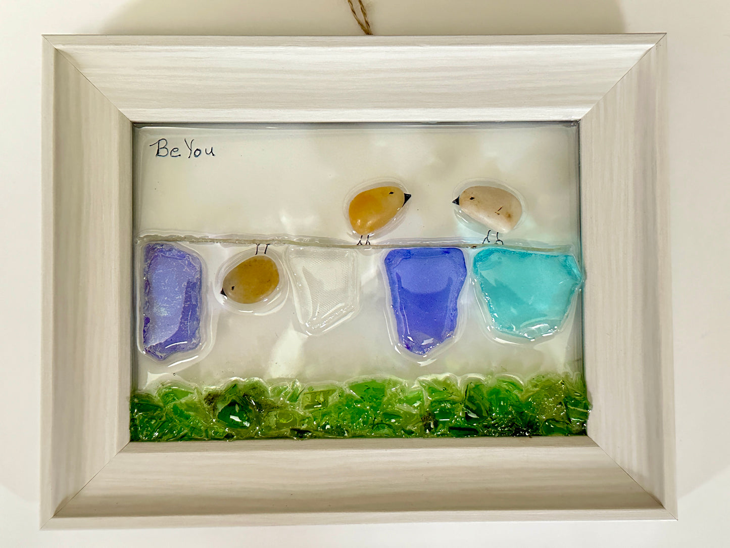 Birds on Clothesline - 'Be You' Resin Art by Becky Polster, Framed in White