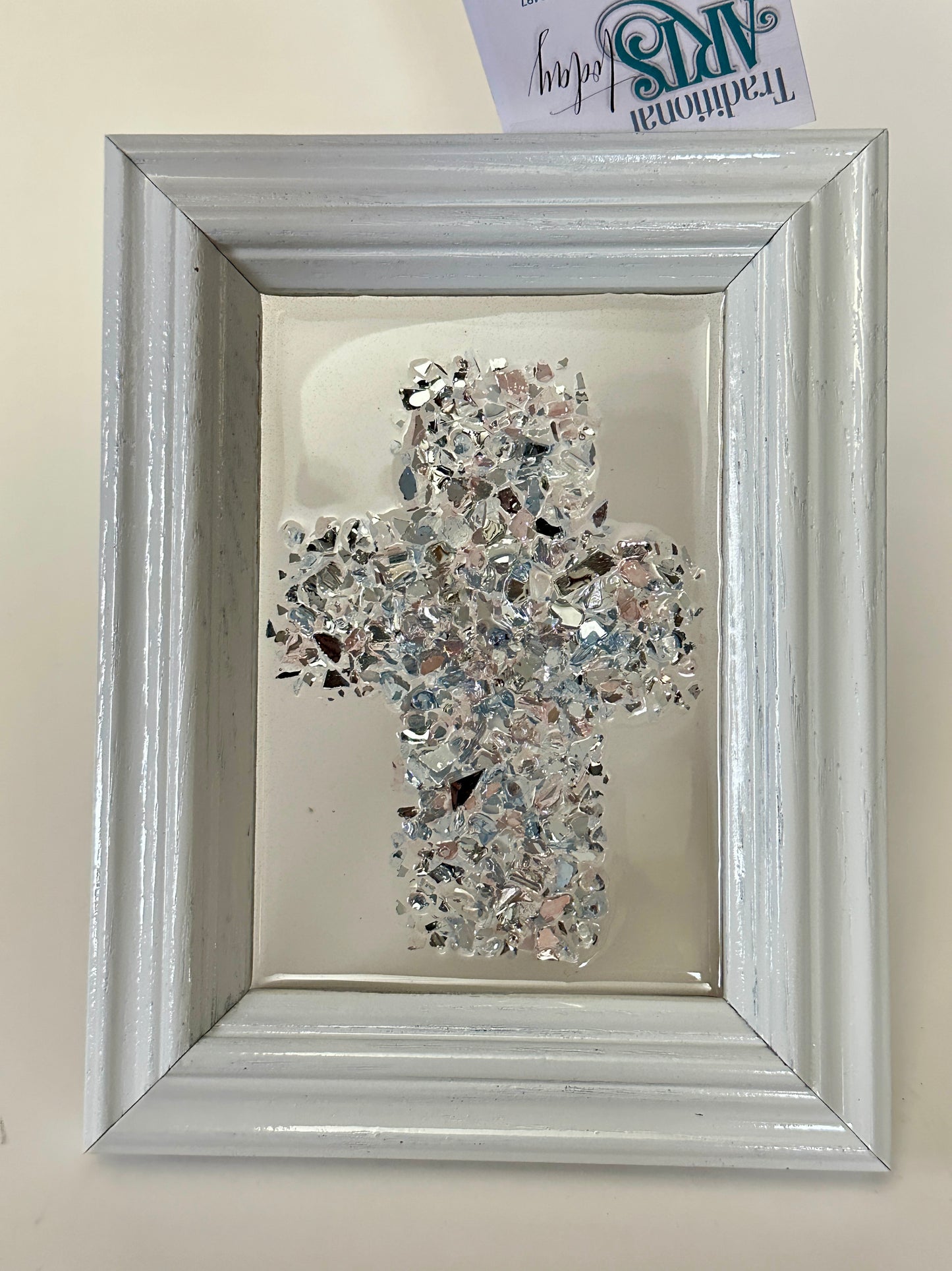 Blue and Pink Resin Cross with White Frame - Resin Art by Becky Polster