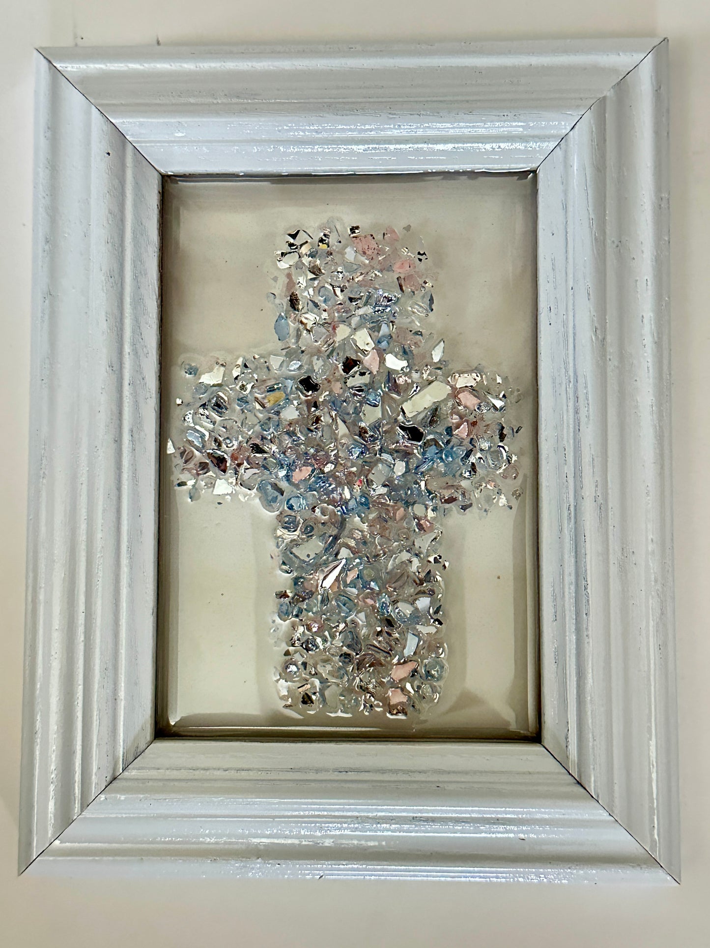 Blue and Pink Resin Cross with White Frame - Resin Art by Becky Polster