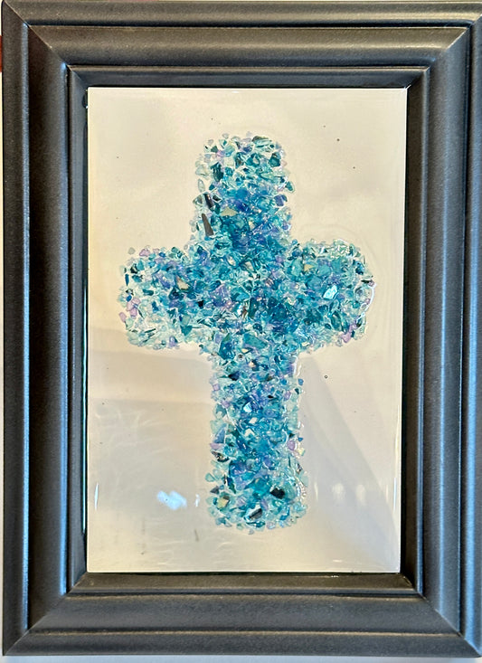 Blue Resin Cross in Gray Frame - Art by Becky Polster