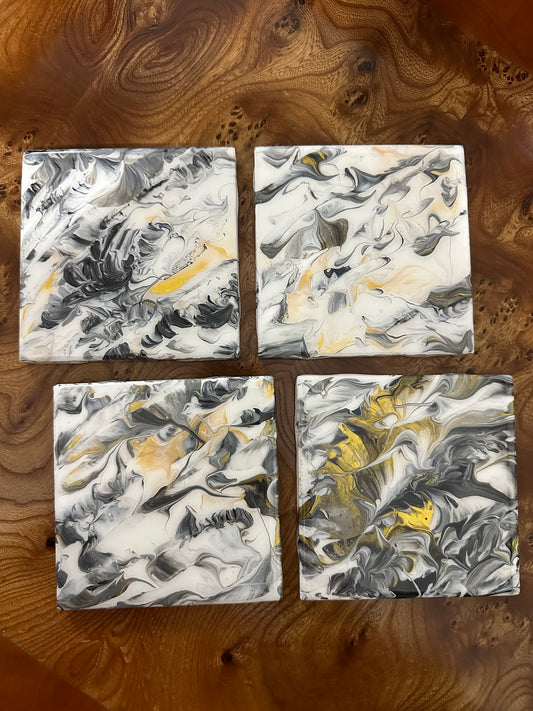 Black, Grey, Gold Ceramic Coasters with Marbled Resin - Set of 4 by Becky Polster