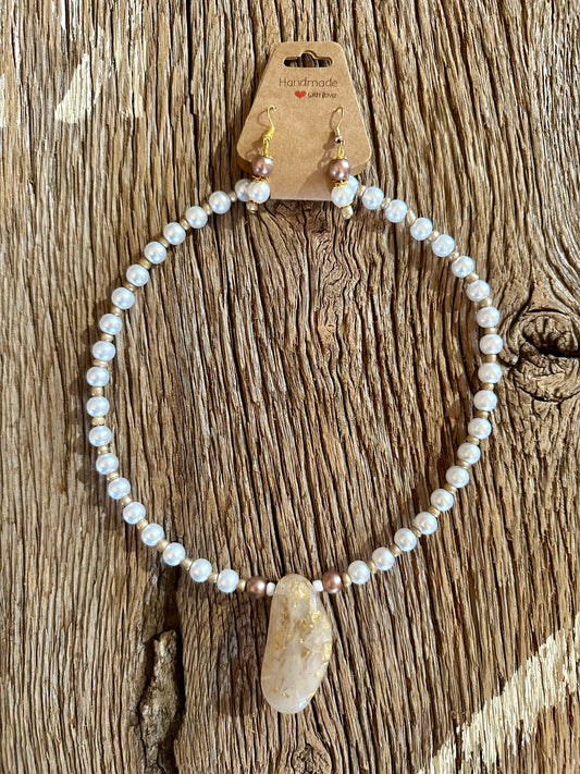 Pearl necklace, earrings