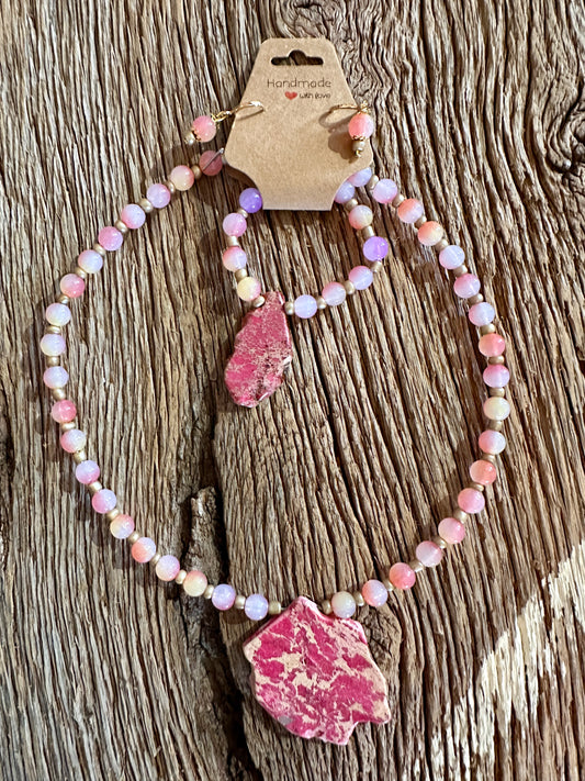 Pink Stone Bracelet, necklace, earrings
