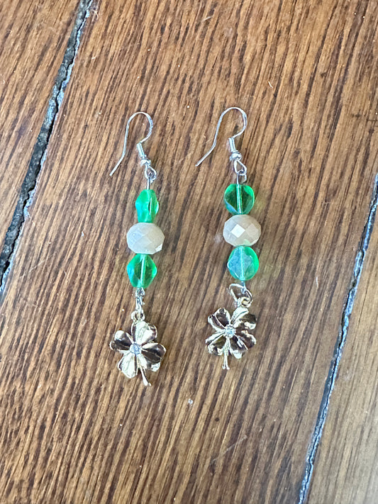 Lucky Charms: Green/Tan Beads 4-Leaf Clover Dangle Earrings by Andria Kerchner