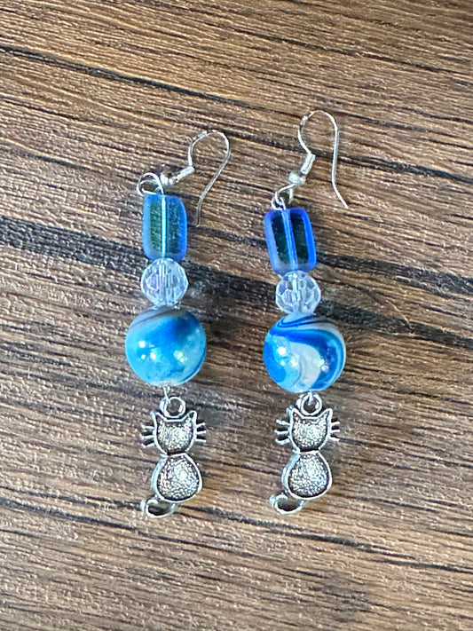 Blue Dangle Earrings with Cat Charm by Andria Kerchner