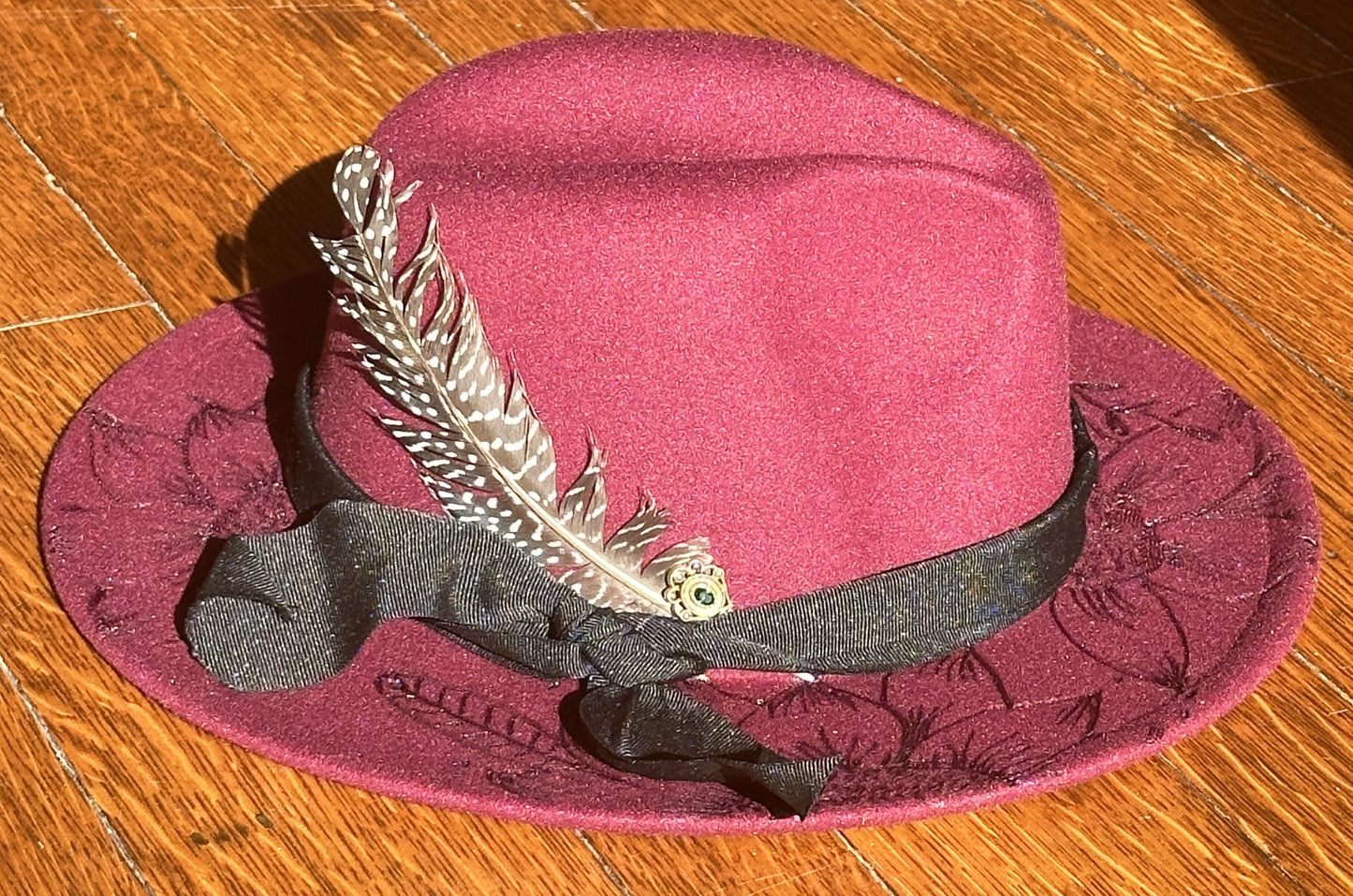 Burgundy Fedora Style Hat with Burned Flowers and Feather by Kathy Fazio