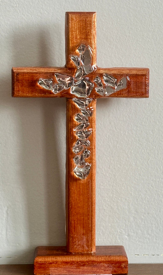 Wooden Cross with Fire Glass