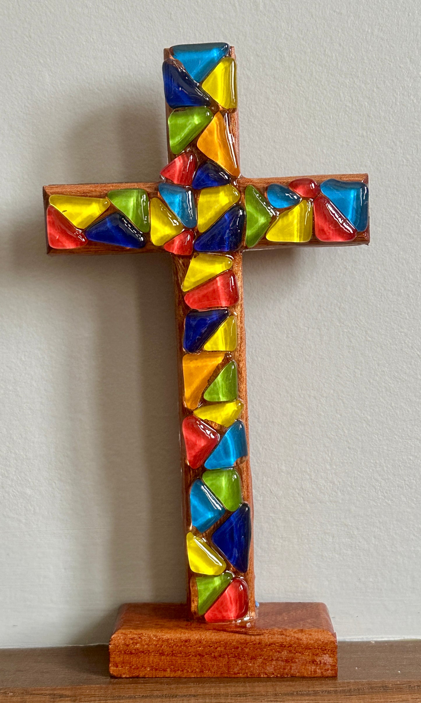 Resined Wooden Cross with Mosaic-Colored Rocks