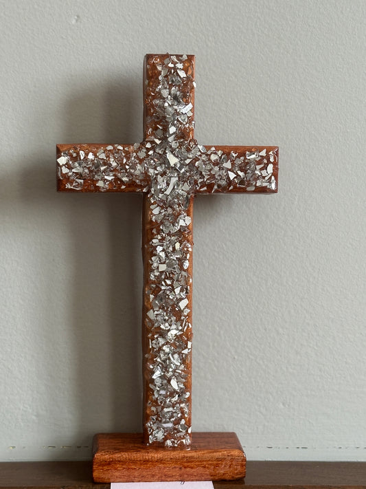 Wooden Cross with White and Silver Crushed Glass