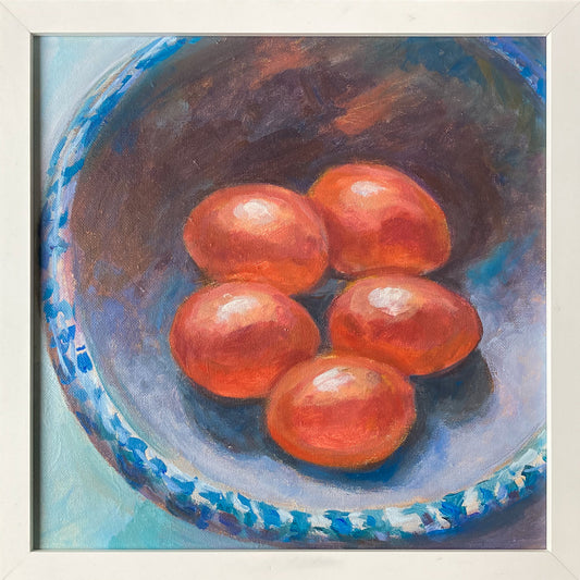 Brown Eggs & Blue Sponge Bowl - Acrylic on Canvas by Kit Miracle