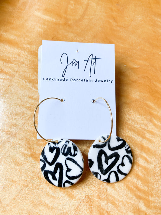 Porcelain jewelry - round dangle earring on a hoop with a heart motif