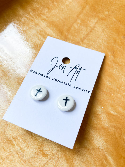 Porcelain Earrings with black Cross - Stud earrings