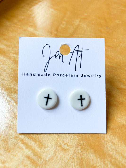 Porcelain Earrings with black cross on a white background - Stud