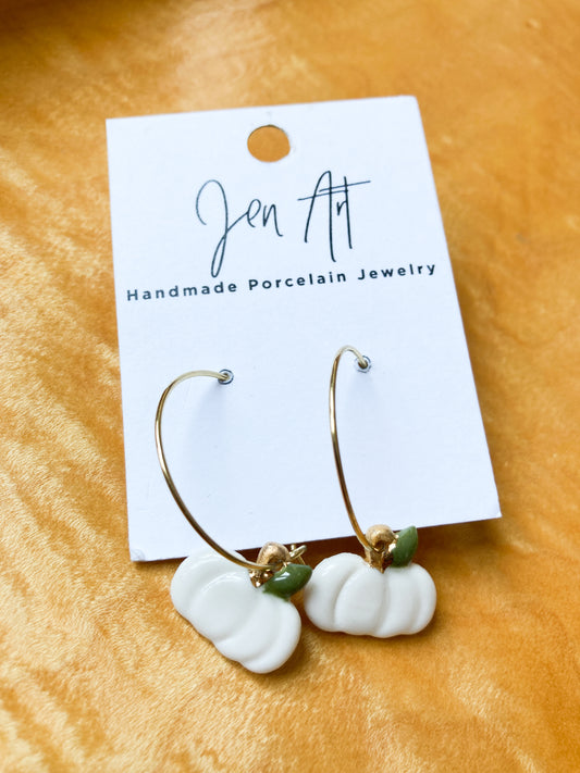 Porcelain hoop earrings with white and gold pumpkin