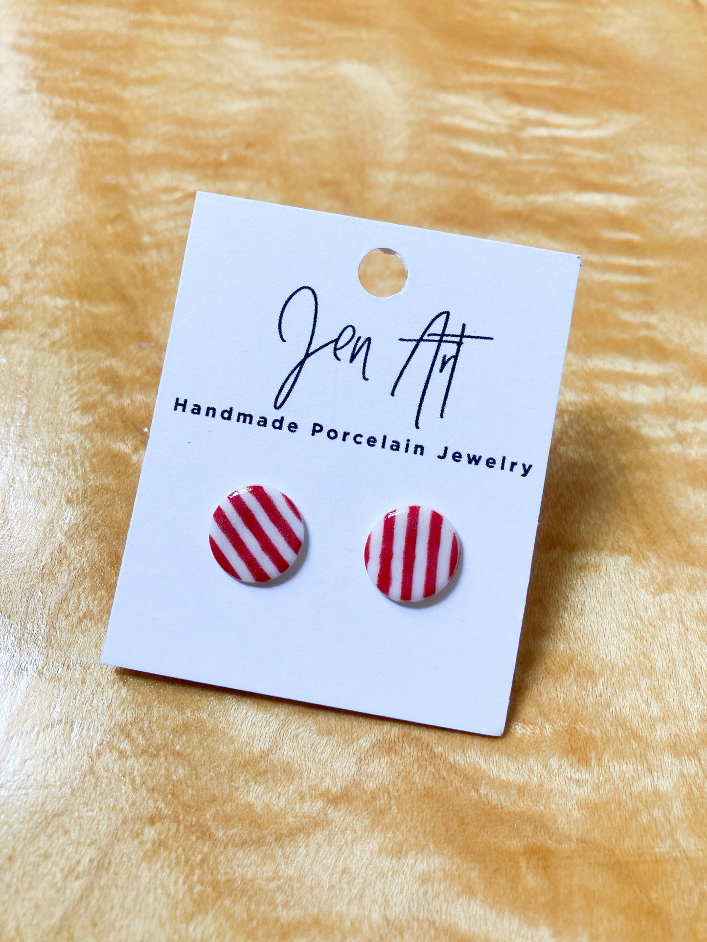 Porcelain Stud Earrings - red and white stripe - Christmas