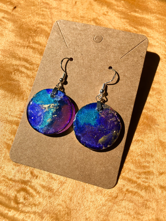 Alcohol Ink round earrings with Blue, purple and gold