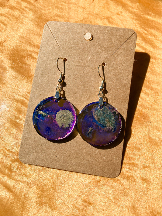 Alcohol Ink Purple and Gold Earrings - Silver ear wire