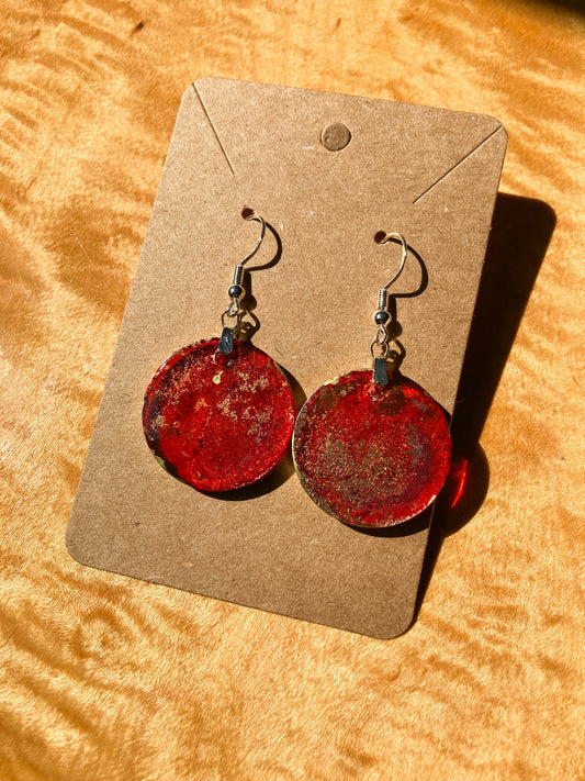 Alcohol Ink Red and Gold Earrings - Silver ear wires