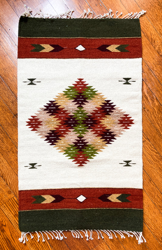 Handwoven Rug - Cream, Rust, Green