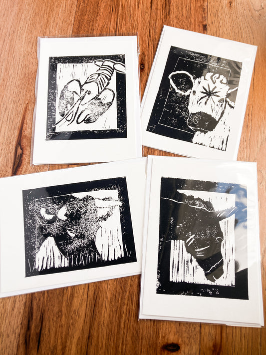 4-Pack Lino Print Greeting Cards