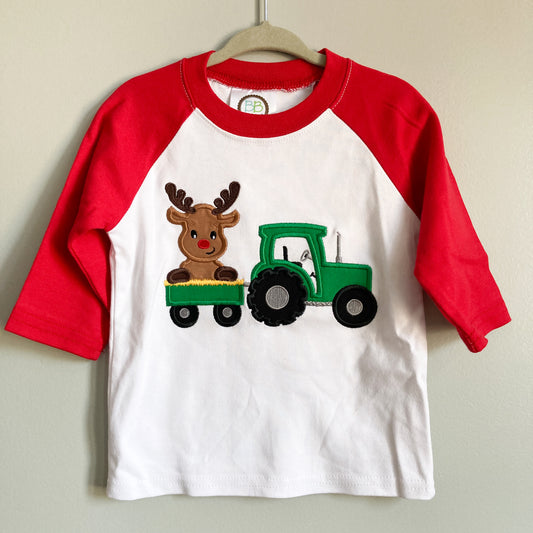 Red and White Reindeer and Tractor Boy's Baseball Shirt