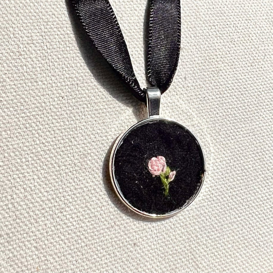 Embroidered Pink Rose Necklace