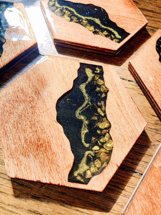 Black & Gold River Coasters - Resin with Crystals by Becky Polster
