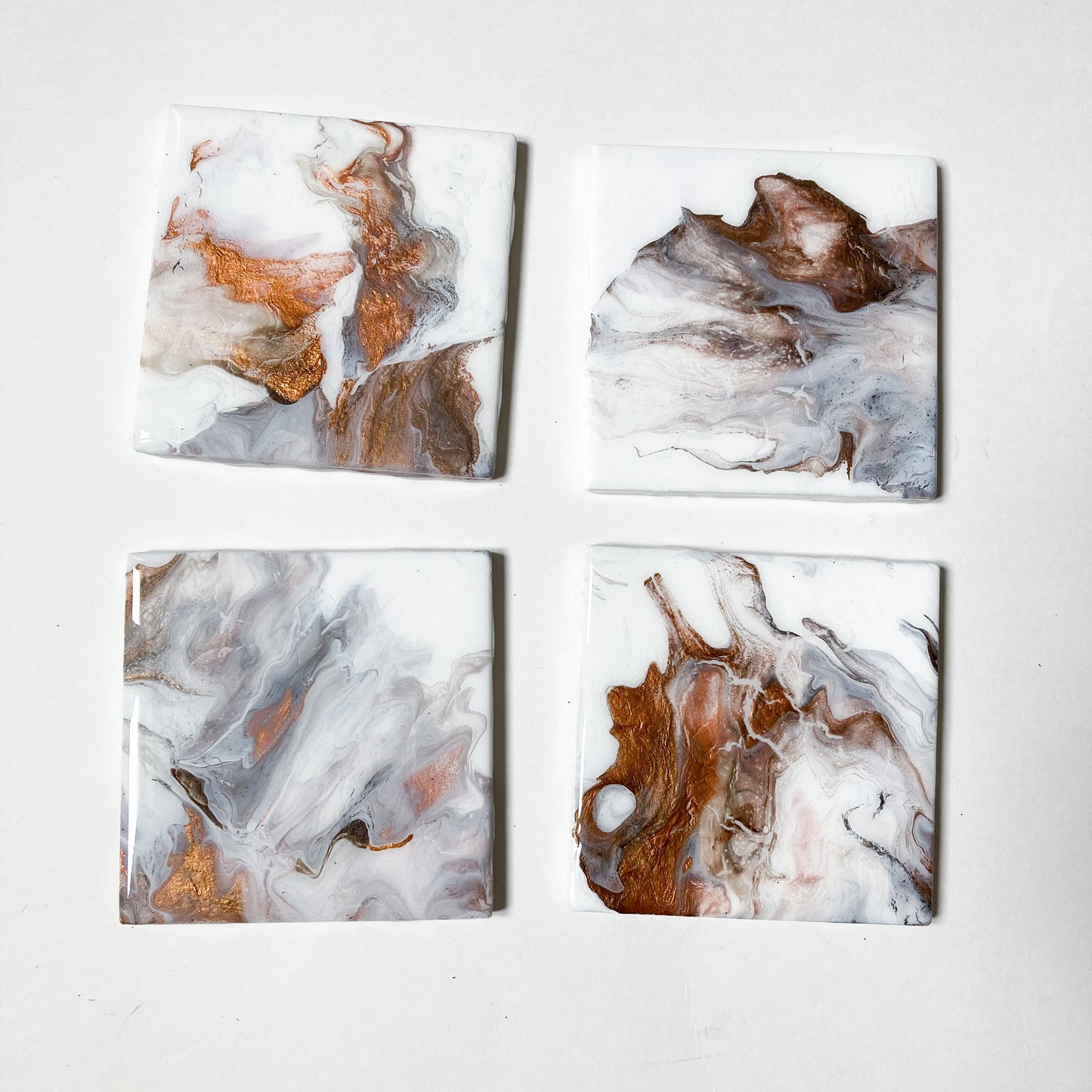 Copper, Grey, White Coasters - Marbled Resin Ceramic Set by Becky Polster
