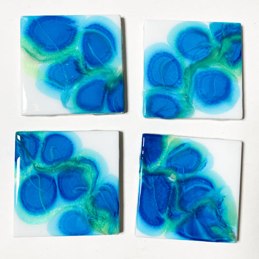 Blue and Lime Green Ceramic Coasters with Marbled Resin - Set of 4 by Becky Polster