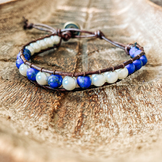 Blue and White Bead Bracelet - Brown Cord by Jenny Dilegge