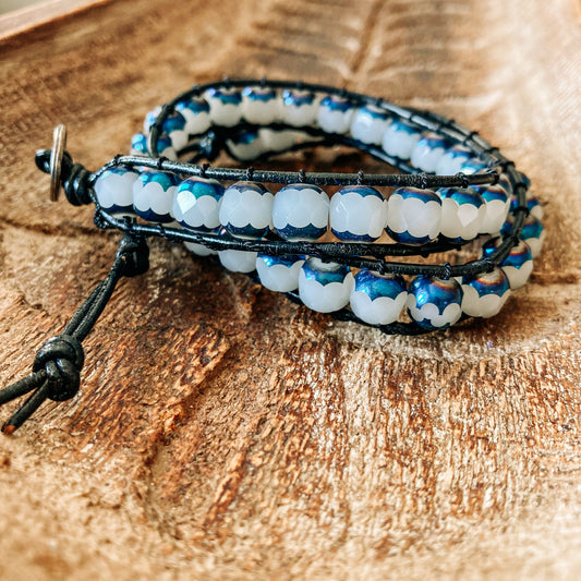 Blue and White Double Wrap Bracelet - Glass Beads by Jenny Dilegge