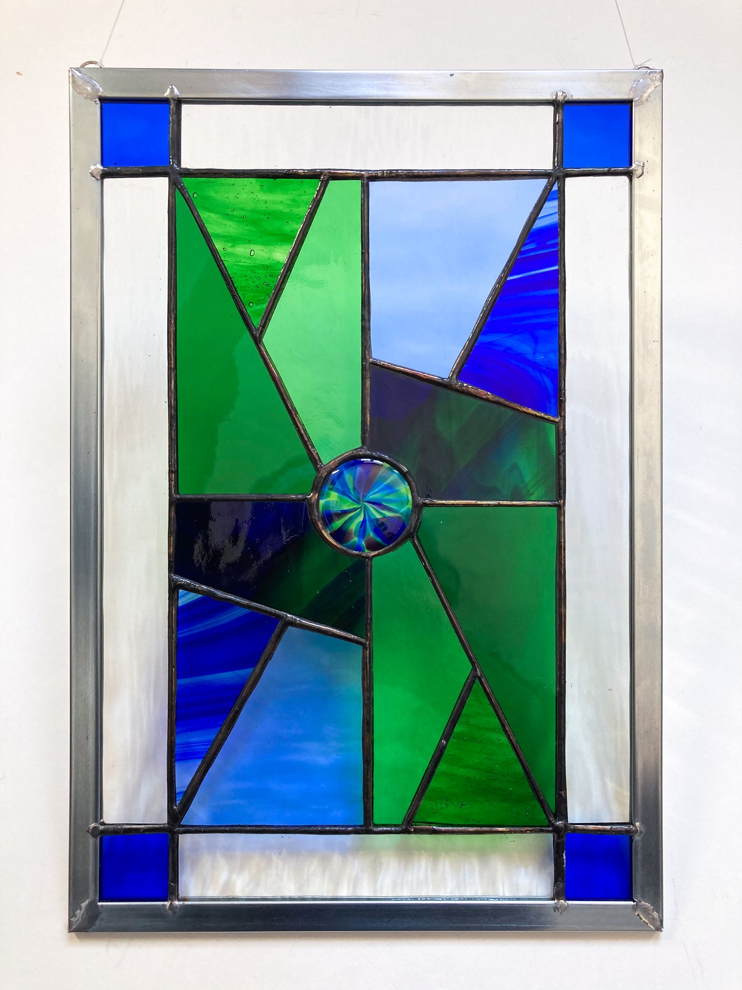 Blue and Green Geometric Stained Glass Art - Framed in Zinc by Lynn Holland