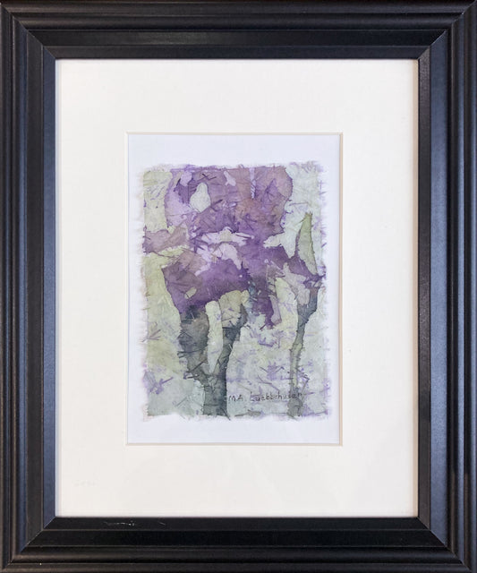 Framed Purple Iris Batik by Margaret Luebbehusen